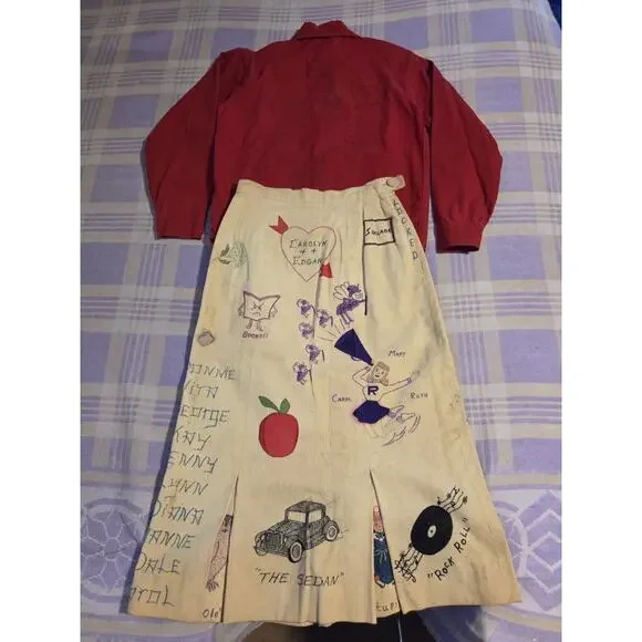 Vintage 1959 Senior Cord Skirt And Jacket Set Hand Drawn High School 50s 60s - Picture 1 of 16
